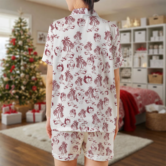 Lucille Tropical Satin Pajama Set – “I Love Lucy” Inspired Short PJs | Vintage Red Palm Tree & Lucy Print Sleepwear for Women, Men, Youth & Matching Family Look HPRPJMADS-25