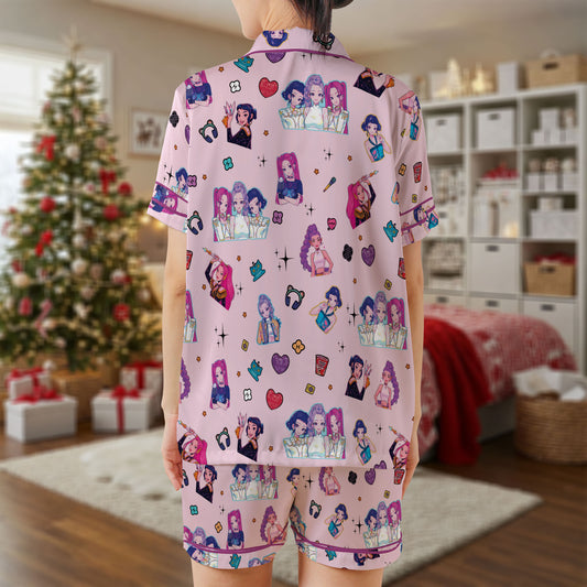 K-Pop Girl Group Satin Short Pajama Set – Pink Music Lover Sleepwear | Anime-Style Pop Star Print PJs for Women, Men, Kids & Matching Family Outfits HPRPJMADS-28