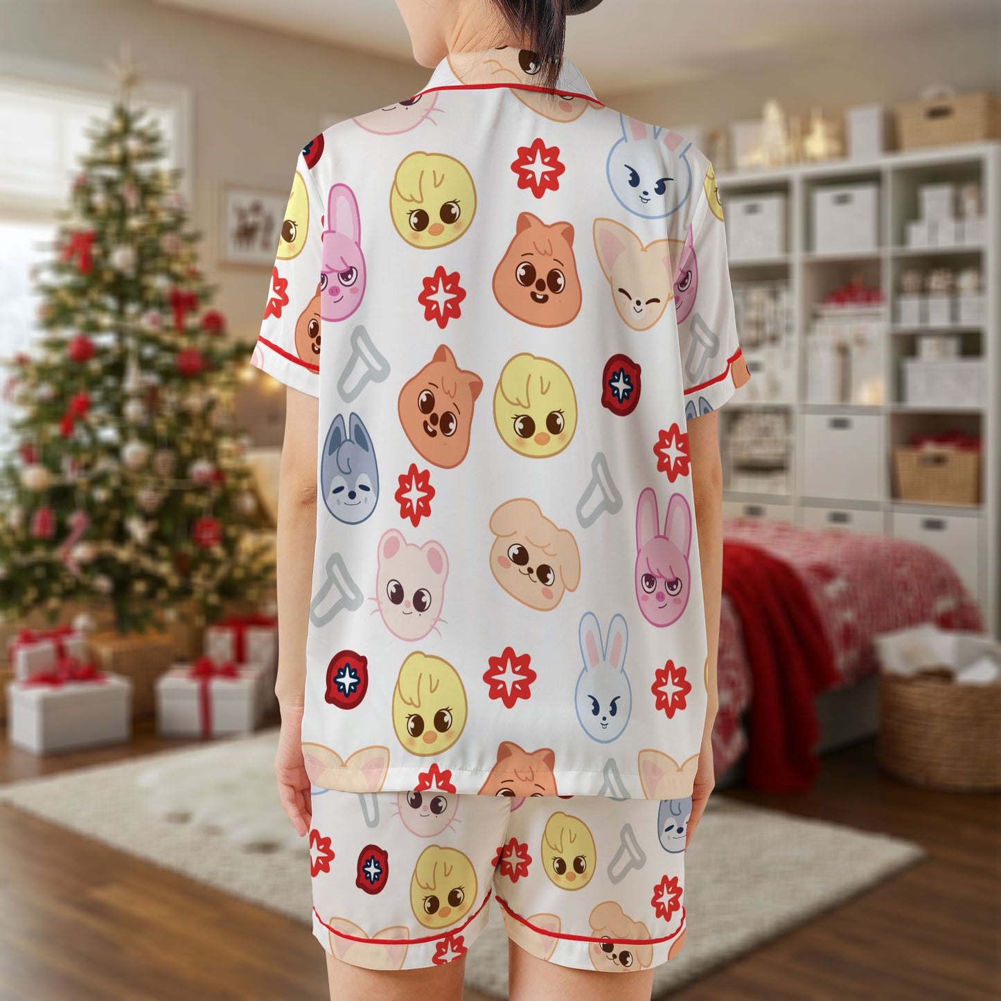 Cute Animal Faces Satin Pajama Set – Colorful Cartoon Bunny & Puppy Print Sleepwear | White Short Sleeve Loungewear with Red Piping for All Ages HPRPJMADS-45