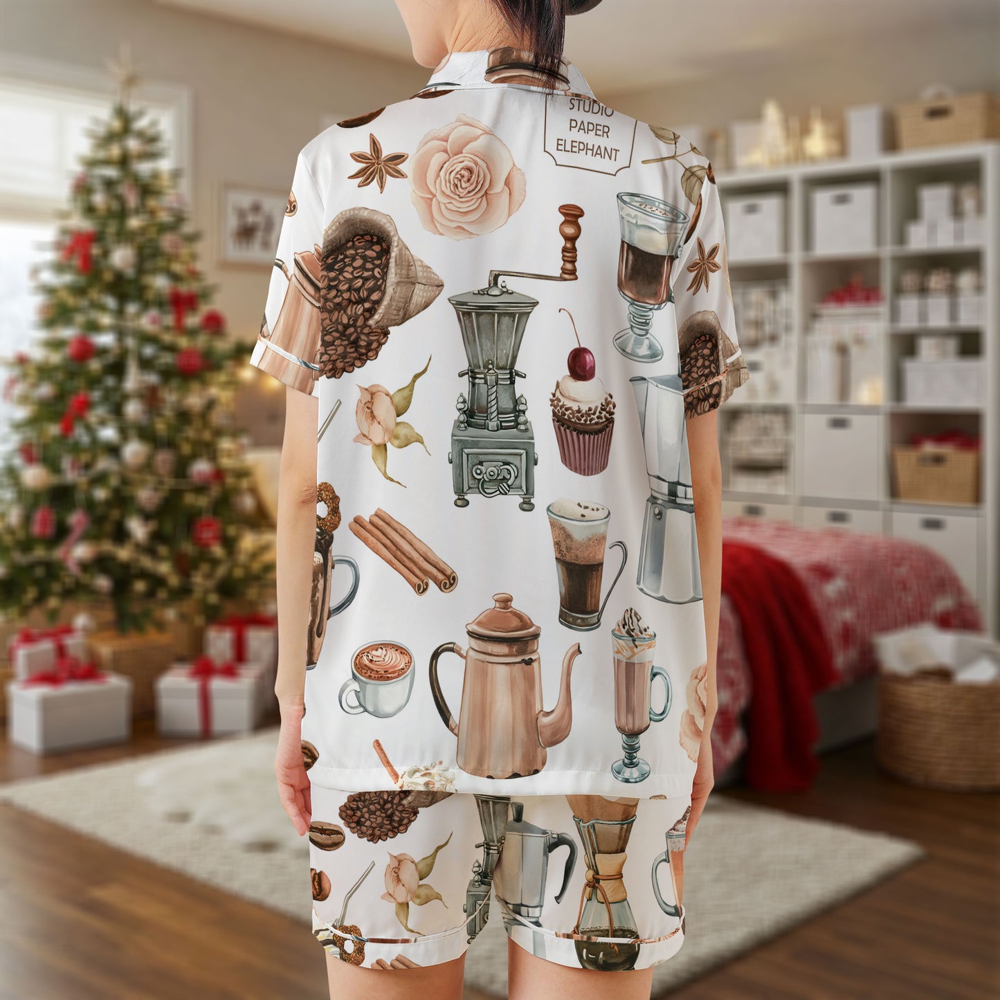 Coffee Lover Satin Pajama Set – Café-Themed Sleepwear with Coffee Cups, Espresso Makers & Desserts | White Short Sleeve Satin Loungewear for Women HPRPJMADS-55