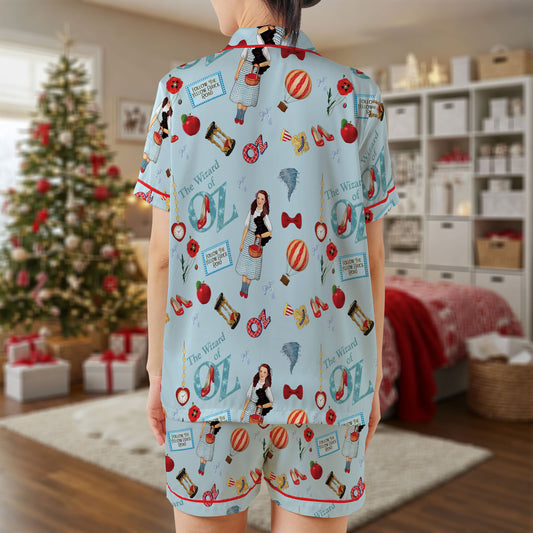 Wizard of Oz Satin Pajama Set – Light Blue Sleepwear Featuring Dorothy & Iconic Movie Elements | Classic Short Sleeve Satin Loungewear for Women & Teens HPRPJMADS-64