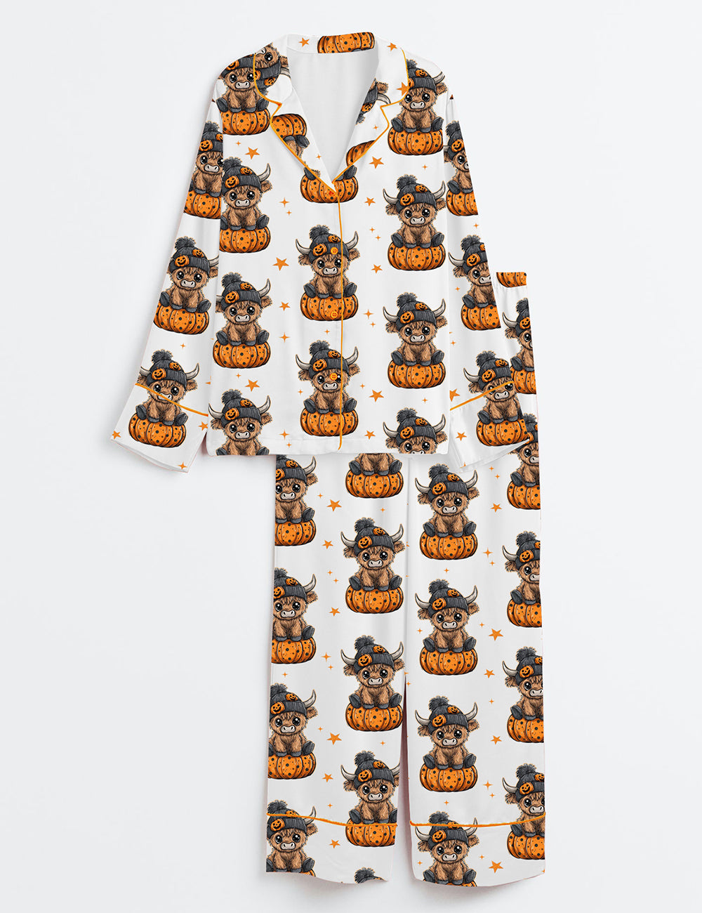 Women’s Funny Fall Halloween Pumpkin Highland Cow Long Sleeve Satin Pajama Set