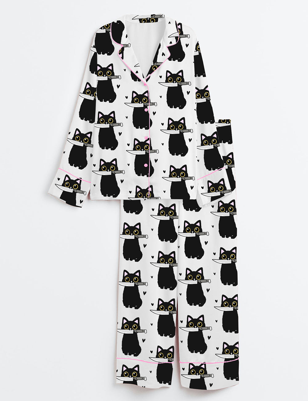 Women’s Halloween Black Cat With Knife Long Sleeve Satin Pajama Set