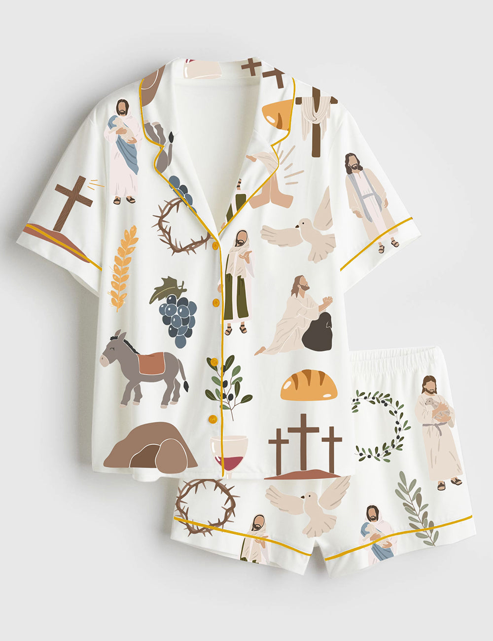 Women’s Jesus Christian Bible Peace Love Faith Wine Short Sleeve Satin Pajama Set