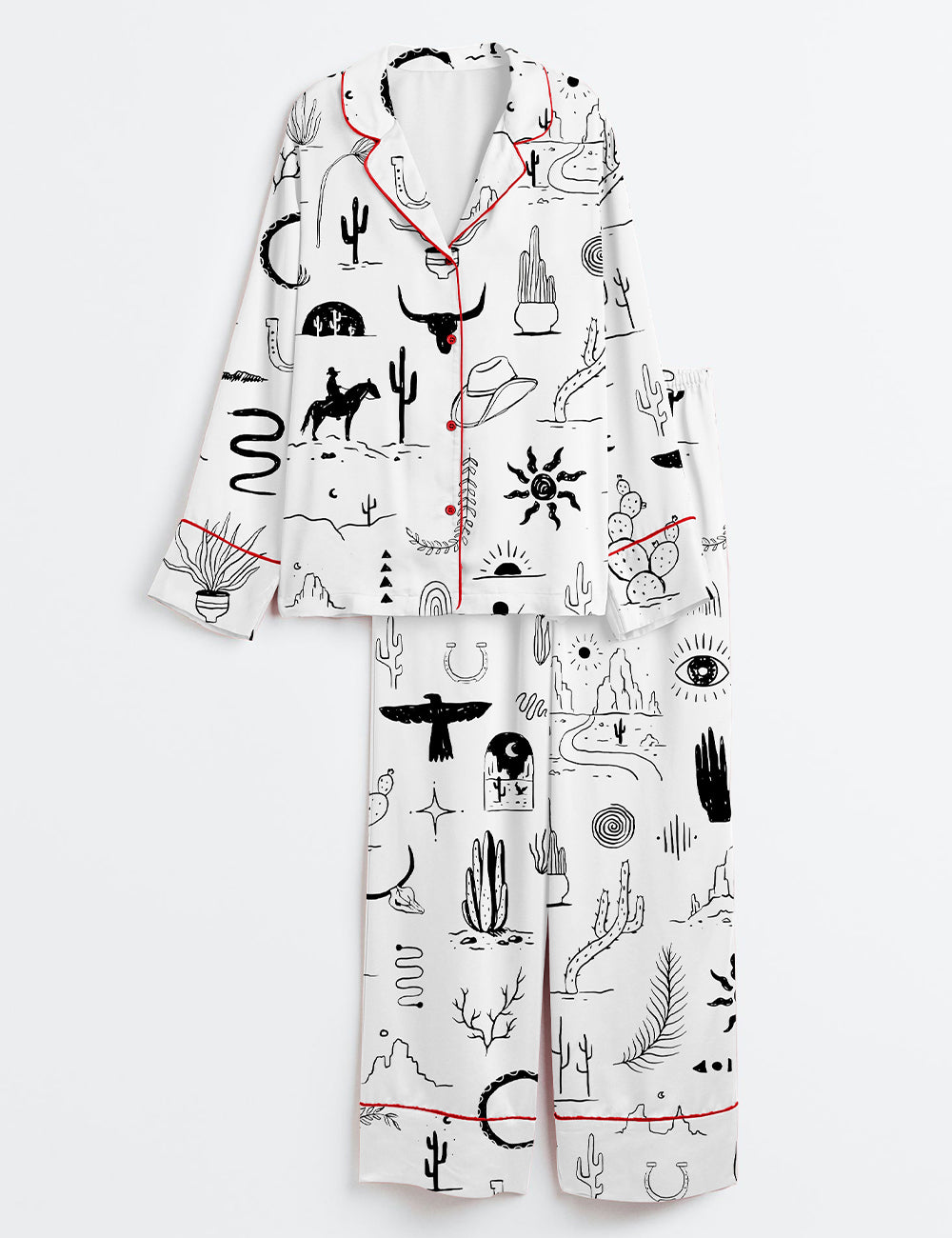 Women’s Wild Western Outdoors Adventure Silhouette Cowboy Cactus Mountain Snake Hand Moon Sun Print Long Sleeve Satin Pajama Set
