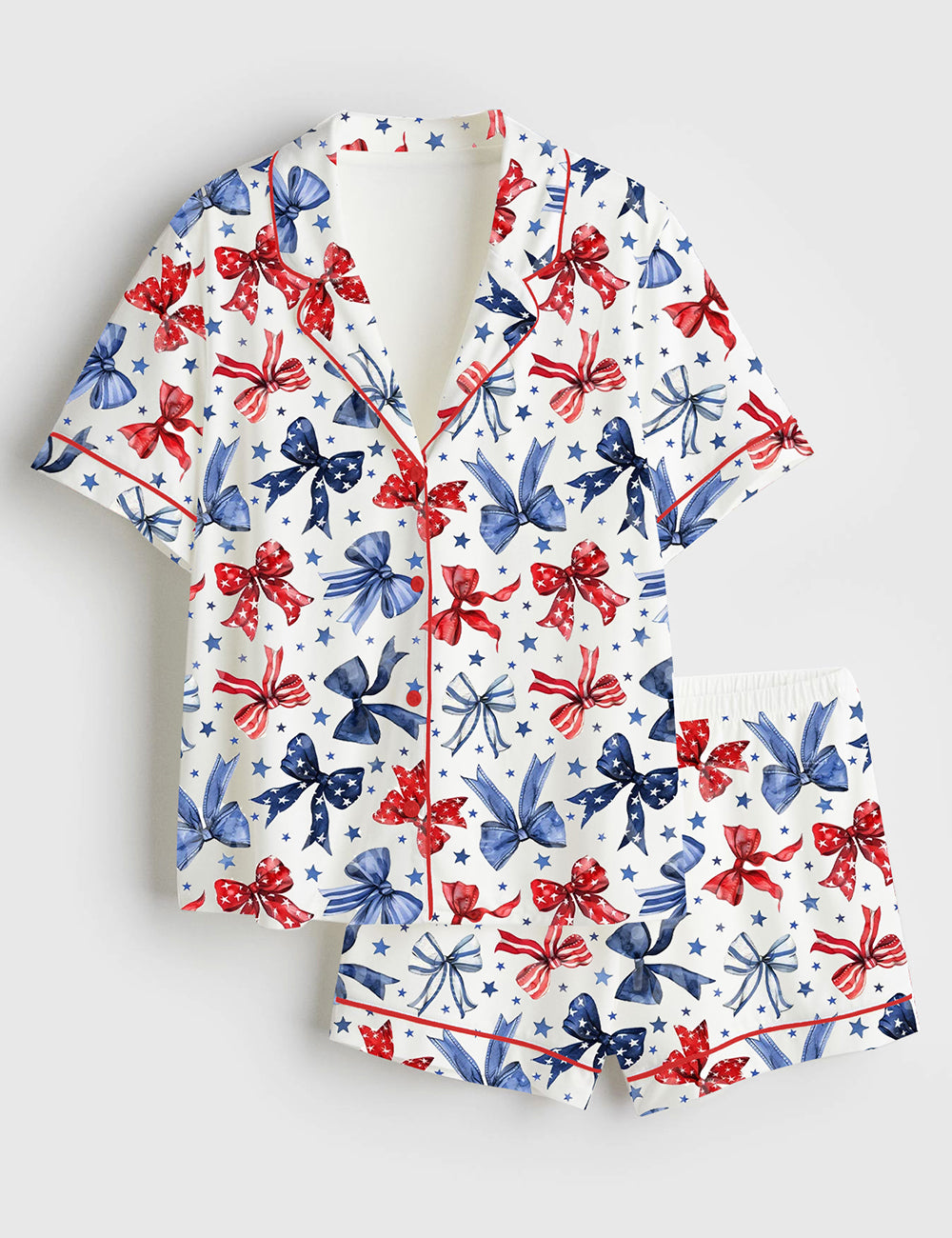 Women’s Patriotic Bows 4th Of July Red White And Blue Ribbon Short Sleeve Satin Pajama Set