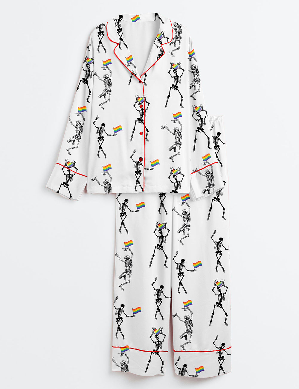 Women’s Skeleton Pride Rainbow LGBTQ Funny Gay Pride Print Long Sleeve Satin Pajama Set