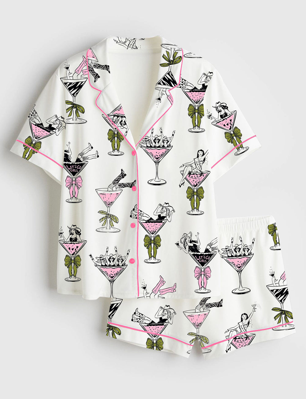 Women’s Girls In Martini Glass Hand Drawn Martini Drinks And Cheering Western Girls Print Short Sleeve Satin Pajama Set