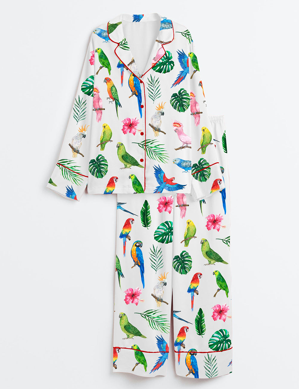 Women’s Watercolor Parrots Exotic Birds Cockatoo Macaw Long Sleeve Satin Pajama Set
