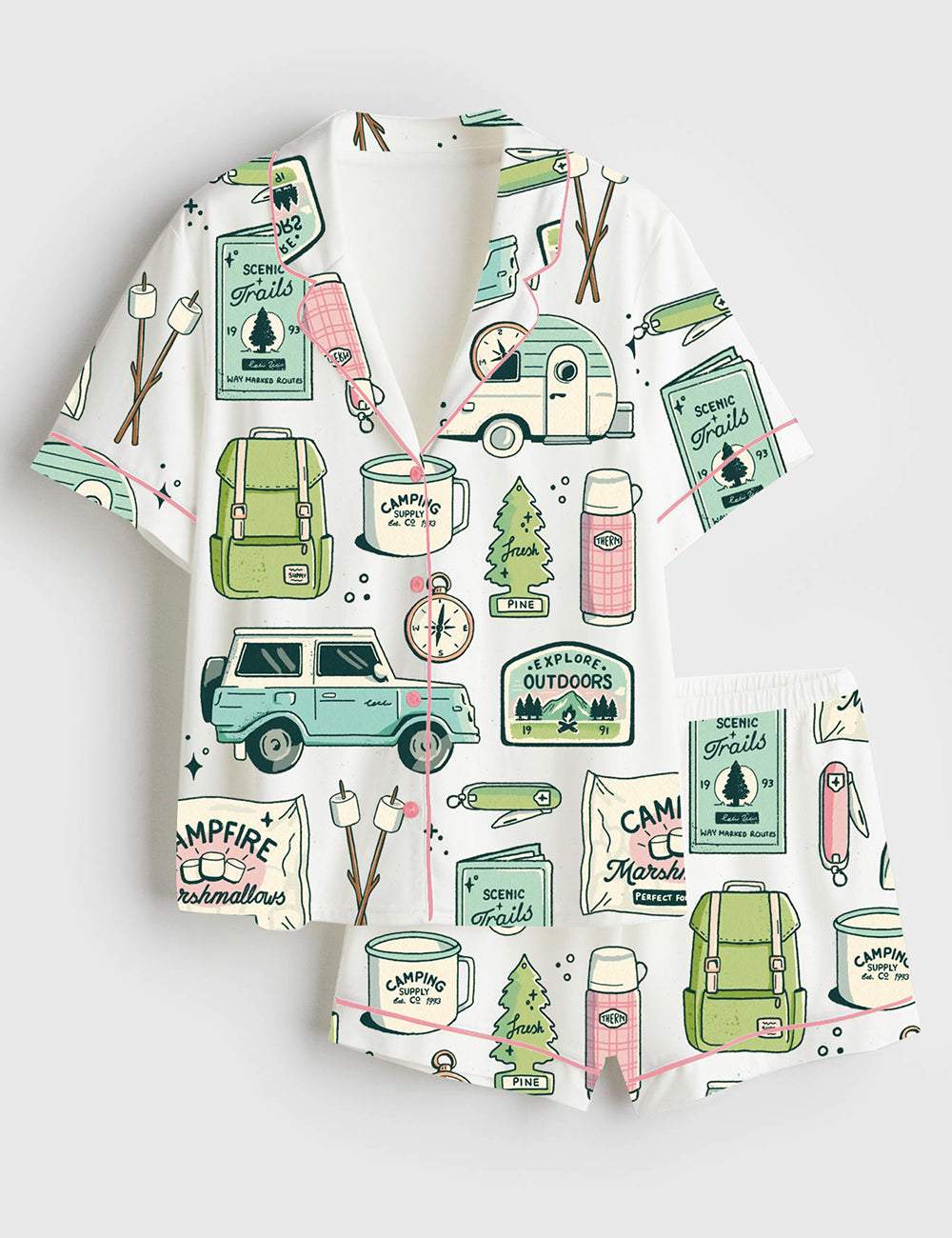 Women’s Outdoorsy Camping Supplies Short Sleeve Satin Pajama Set