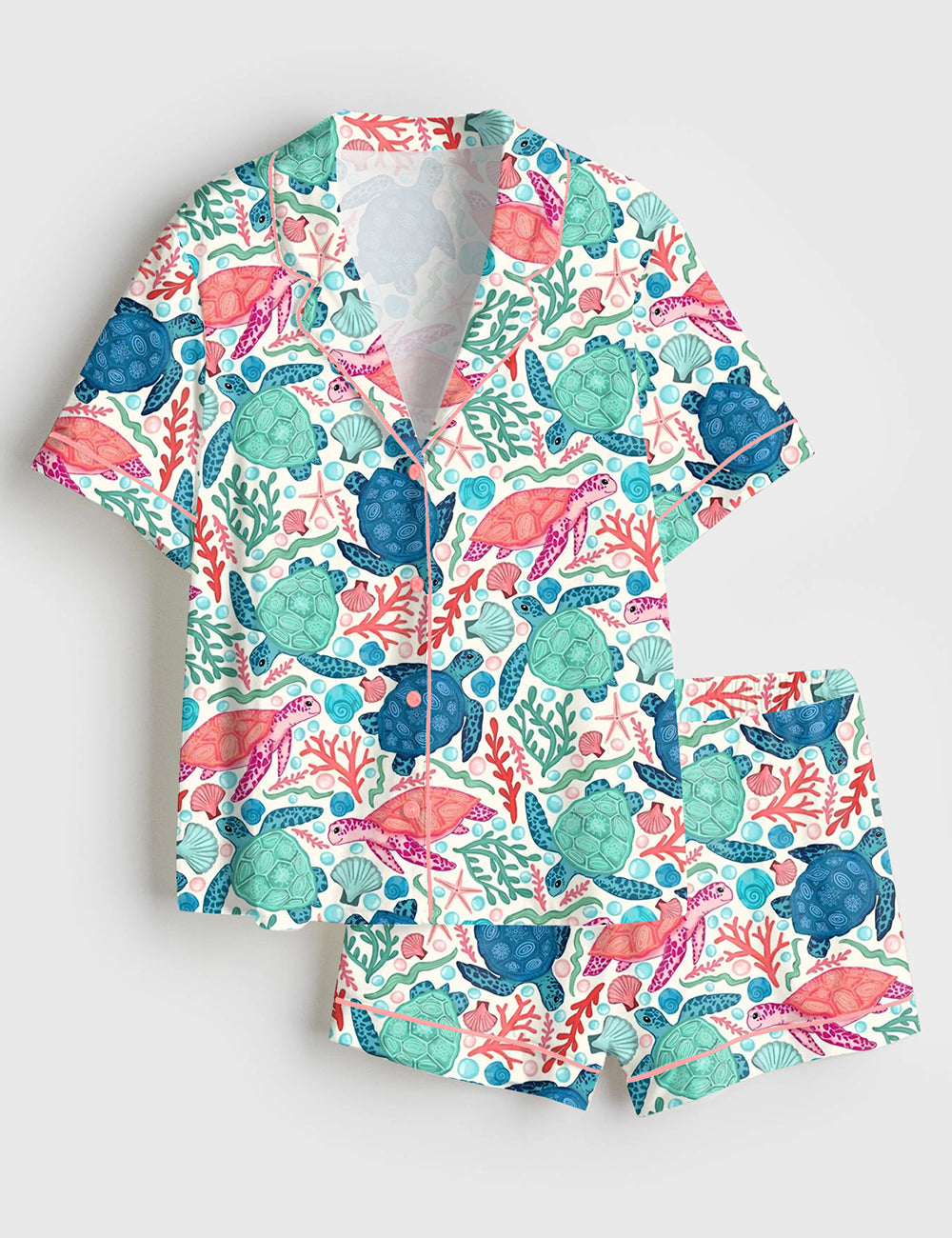 Women’s Seaturtles Summer Beach Pattern Short Sleeve Satin Pajama Set