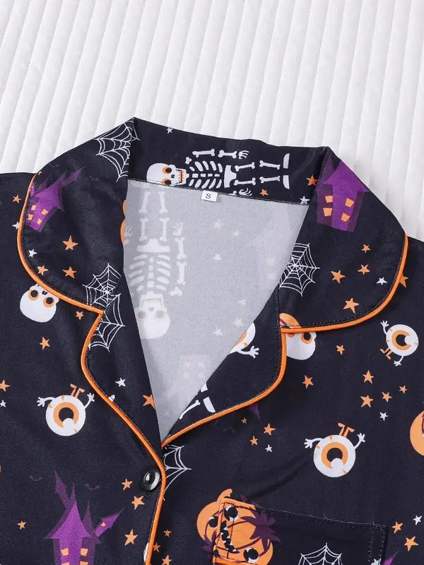 2 Piece Halloween Print Women's Pajama Set, Soft Button-Up Short Sleeve Shirt and Loose Stretch Shorts, Comfortable Cozy Sleepwear for Casual Home Wear