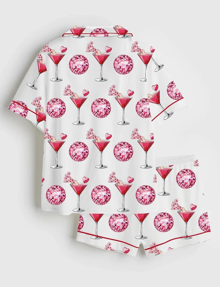 Women's Valentine's Day Cocktail Glass Short Sleeve Satin Pajama Set