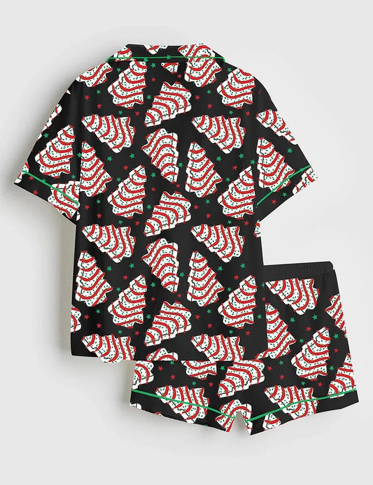 Women's Christmas Tree Cake Shorts Sleeve Satin Pajama Set