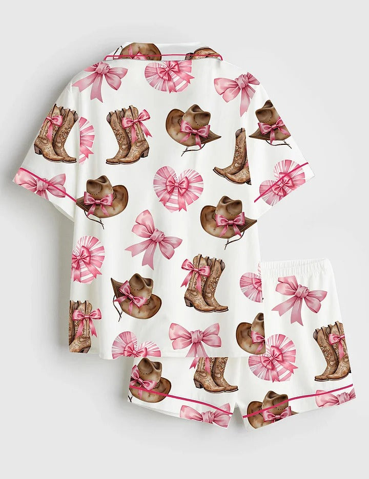 Women's Western Cowgirl Boot Short Sleeve Satin Pajama Set