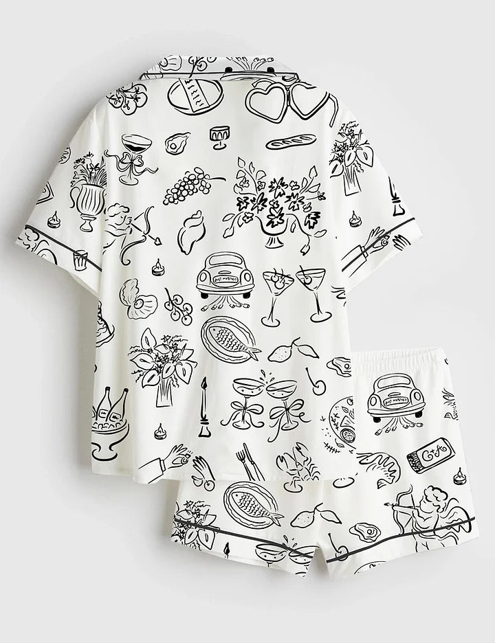 Women’s Whimsical Wedding Doodles For Wedding Print Short Sleeve Satin Pajama Set