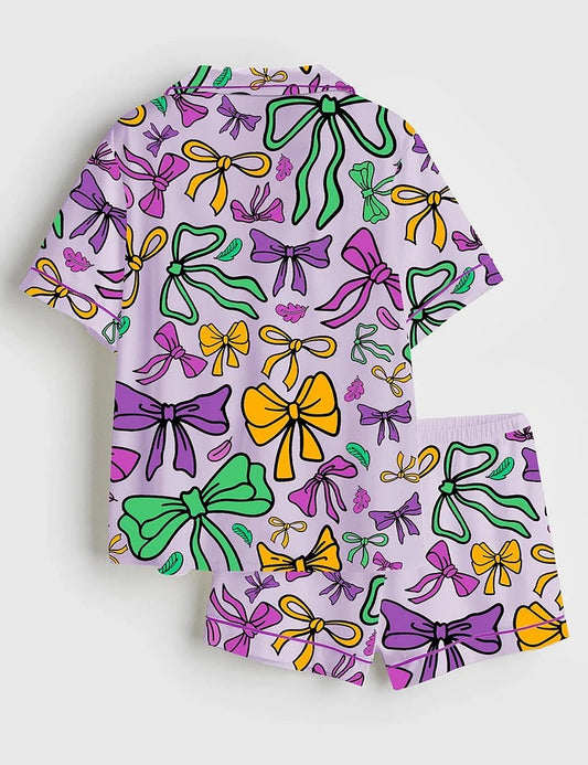 Women's Louisiana Mardi Gras Coquette Short Sleeve Satin Pajama Set