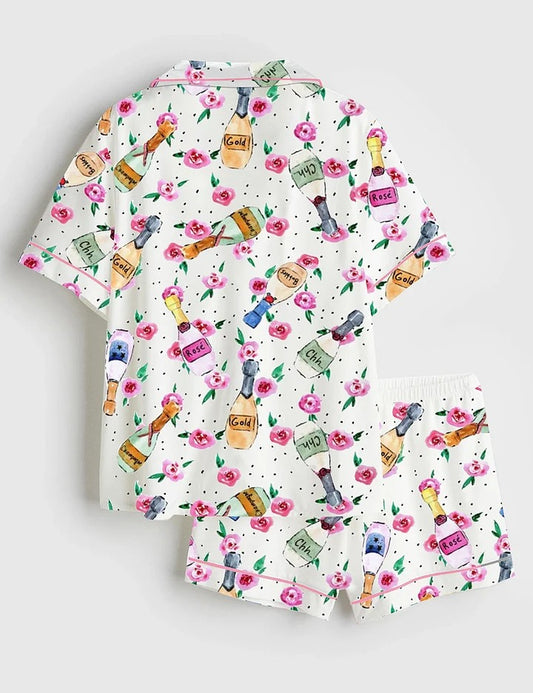 Women’s Champagne And Roses Short Sleeve Satin Pajama Set