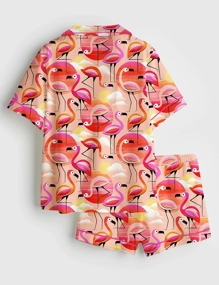 Women's Pink Flamingo Short Sleeve Satin Pajama Set