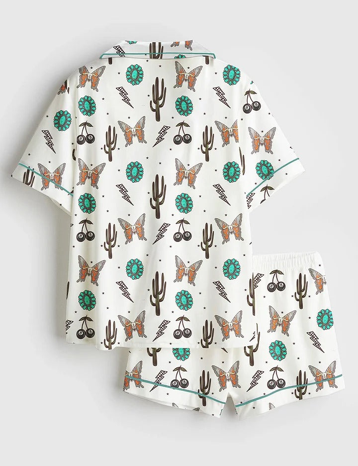 Women's Western Cowgirl Pattern Short Sleeve Satin Pajama Set