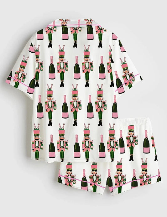 Women's Bucket Nutcracker Champagne Short Sleeve Satin Pajama Set