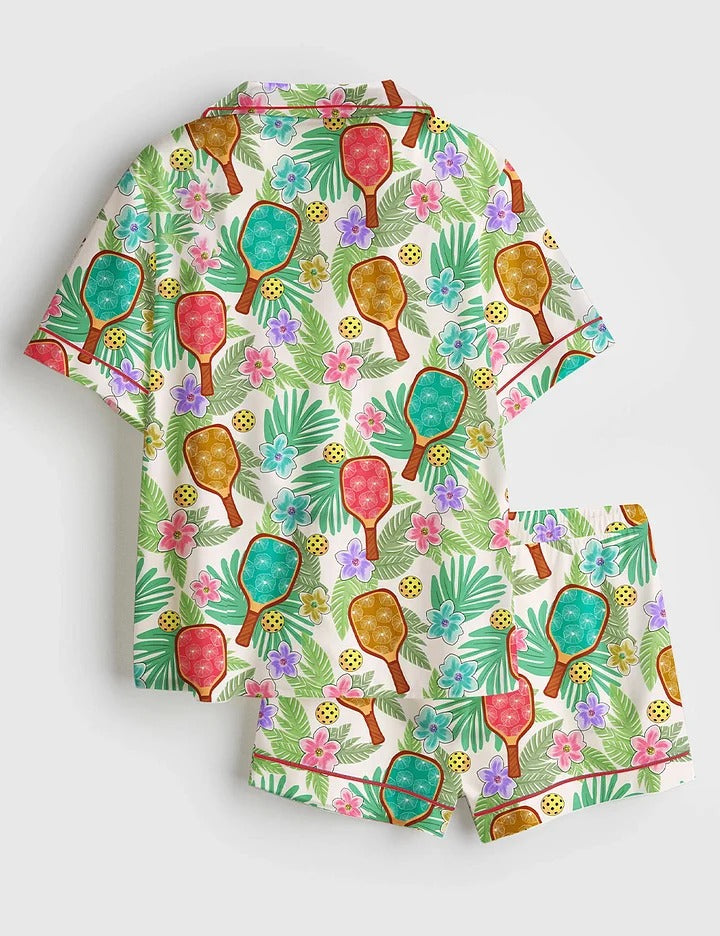Women’s Tropical Pickleball Fun Vibrant Floral Game Day Sports Short Sleeve Satin Pajama Set
