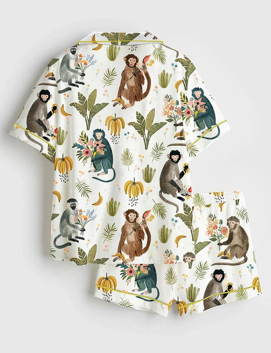 Women's Wildflower Bouquets With A Side Of Monkey Bananas Short Sleeve Satin Pajama Set