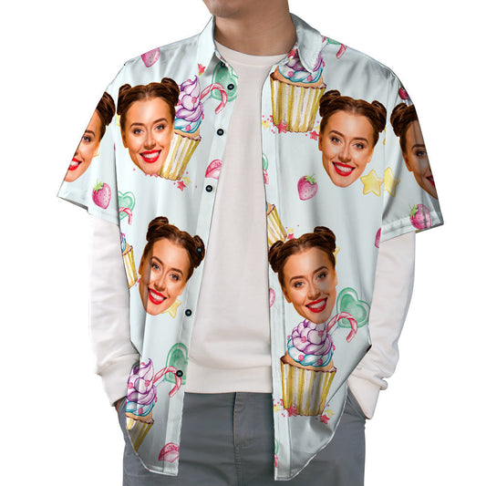 Personalized Face Hawaiian Shirt Ice Cream & Strawberry Summer Holiday Shirt Unisex