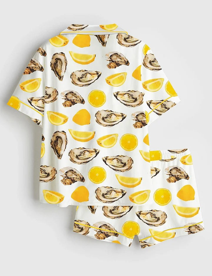 Women’s The World Is Your Oyster Fisherman Style Oyster Shells Orange Print Short Sleeve Satin Pajama Set