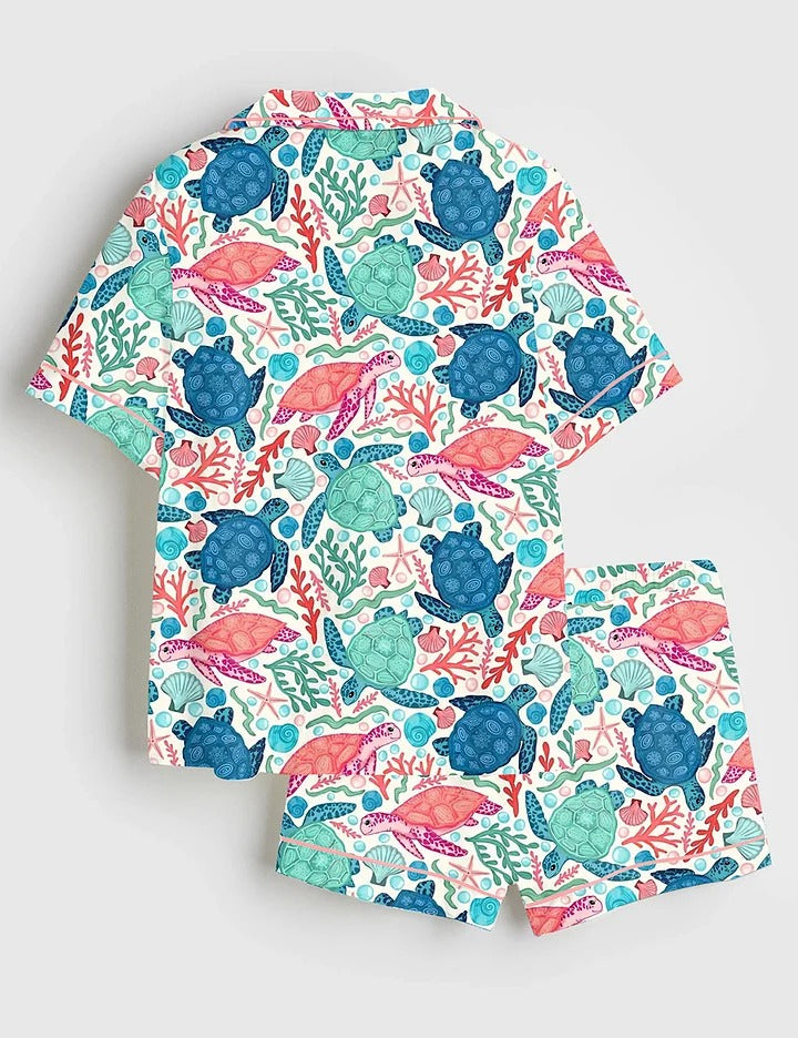 Women’s Seaturtles Summer Beach Pattern Short Sleeve Satin Pajama Set
