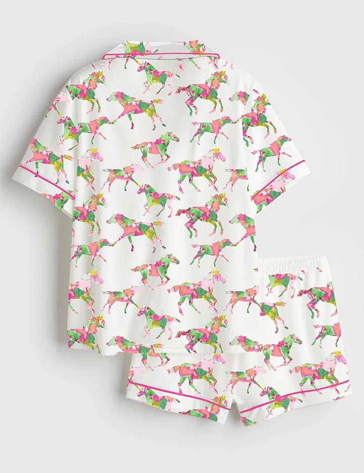 Women’s Watercolor Rose Derby Day Western Short Sleeve Satin Pajama Set