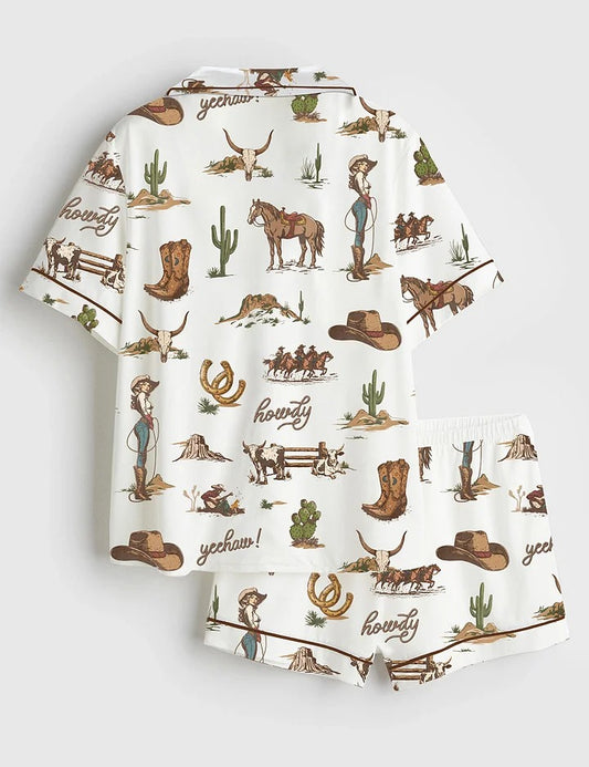 Women’s Rustic Americana Western Vintage Cowboy Short Sleeve Satin Pajama Set