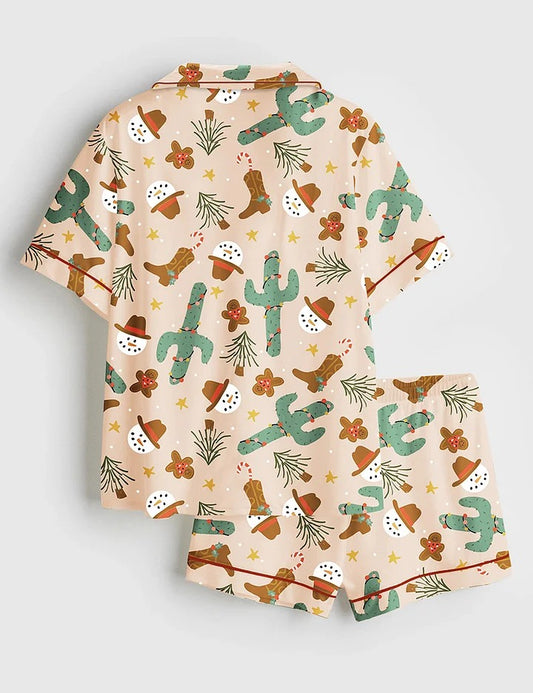 Women's Xmas Western Cowboy Boots Short Sleeve Satin Pajama Set