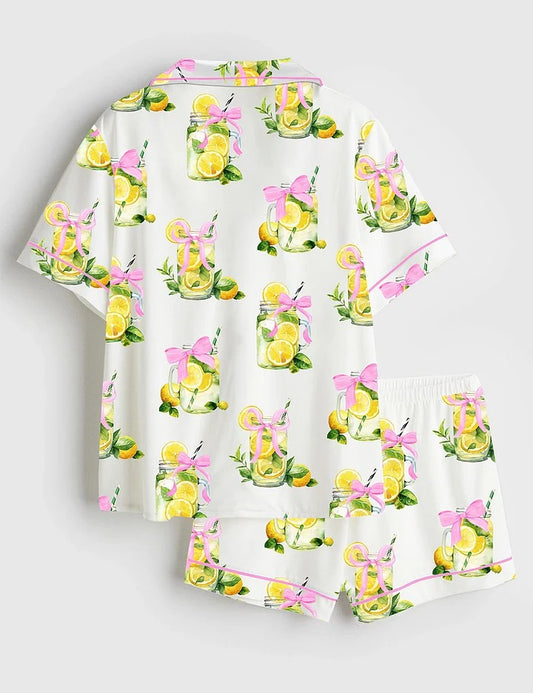 Women’s Coquette When Life Gives You Lemons Retro Fancy Lemon Print Short Sleeve Satin Pajama Set