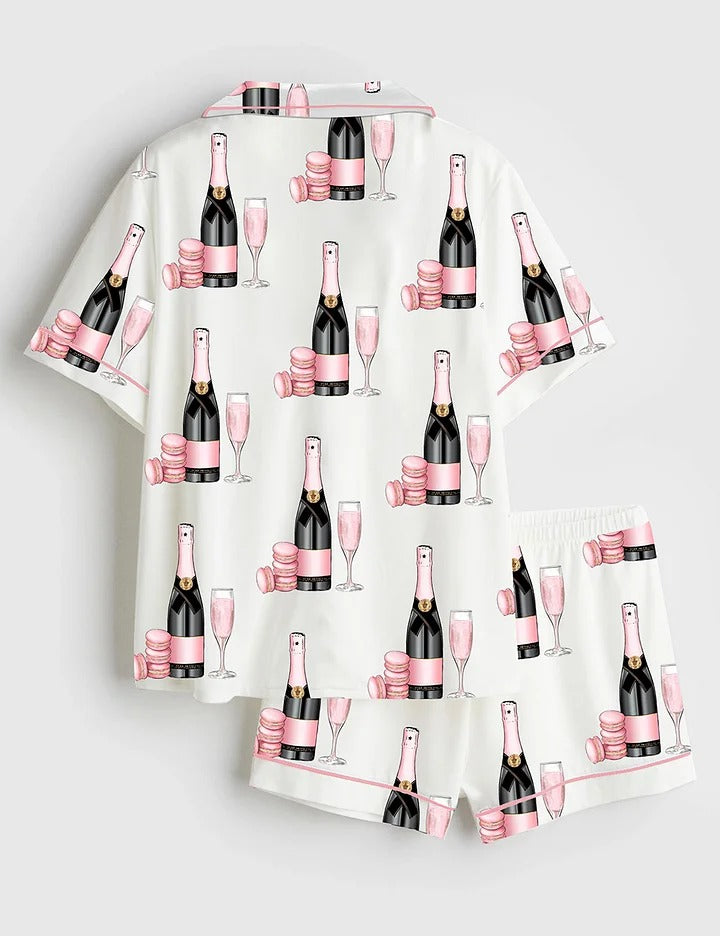 Women’s Pink Champagne Glass Dessert Short Sleeve Satin Pajama Set