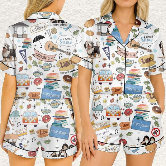 Fall Season Luke Diner's Coffee Short Satin Pajamas, Squad Goals Bride Pajamas, Movie Pajama Set, Gift for Movie Lover Loungewear  Nightwear