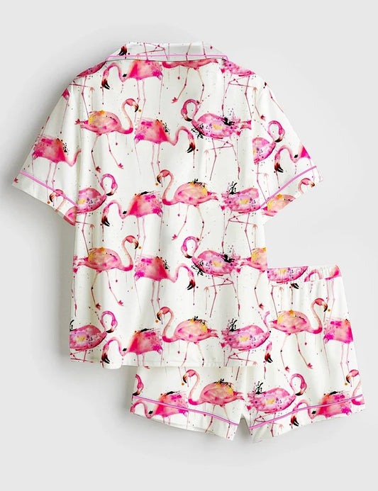 Women's Flamingos Floral Pattern Short Sleeve Satin Pajama Set (Copy)
