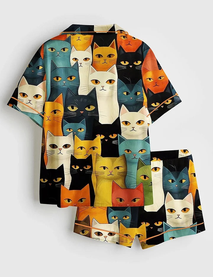 Women’s Staring Colorful Cat Short Sleeve Satin Pajama Set