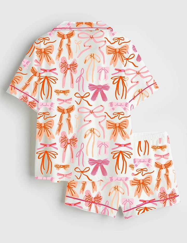 Women's Lace And Ribbons Coquette Bow Short Sleeve Satin Pajama Set