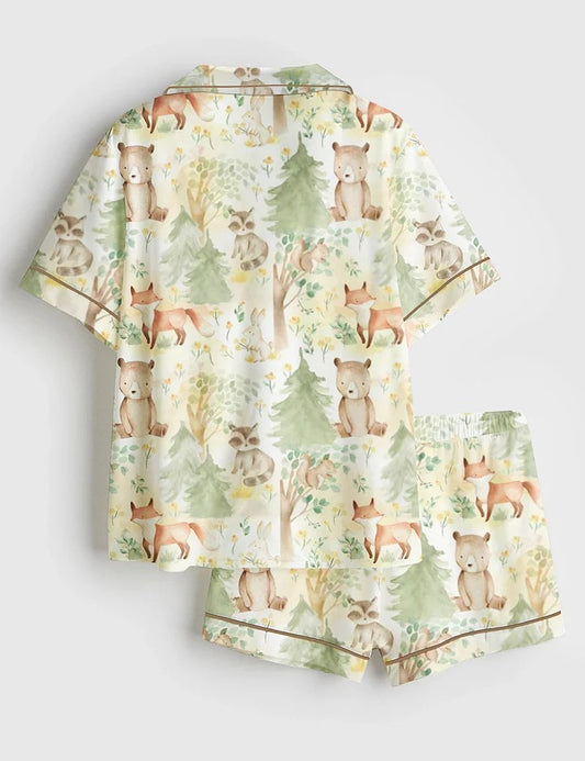 Women’s Forest Nursery Nature Woodland Animals Friends Baby Fox, Bear, Squirrel, Raccoon, And Bunny Short Sleeve Satin Pajama Set