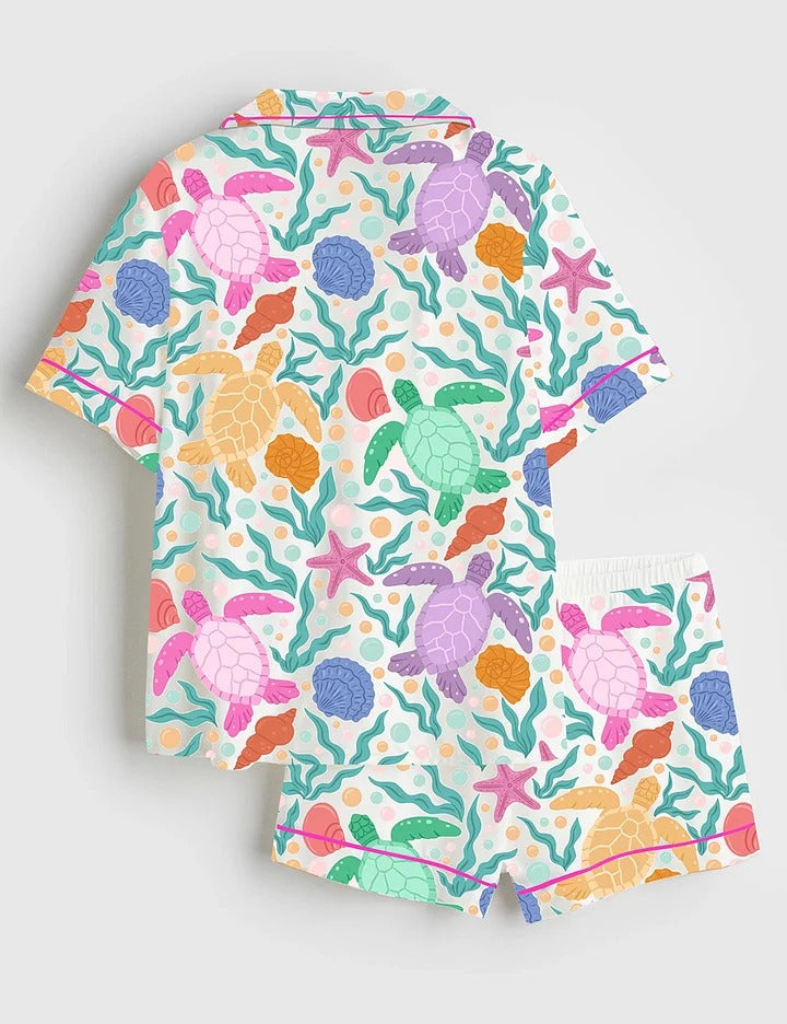 Women’s Seaturtles Summer Pattern Short Sleeve Satin Pajama Set