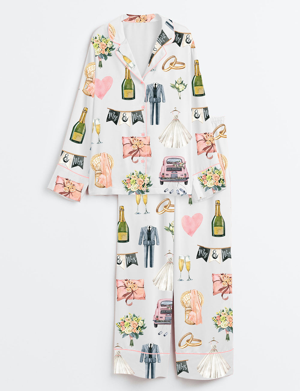 Women’s Wedding Day Anniversary Long Sleeve Satin Pajama Set