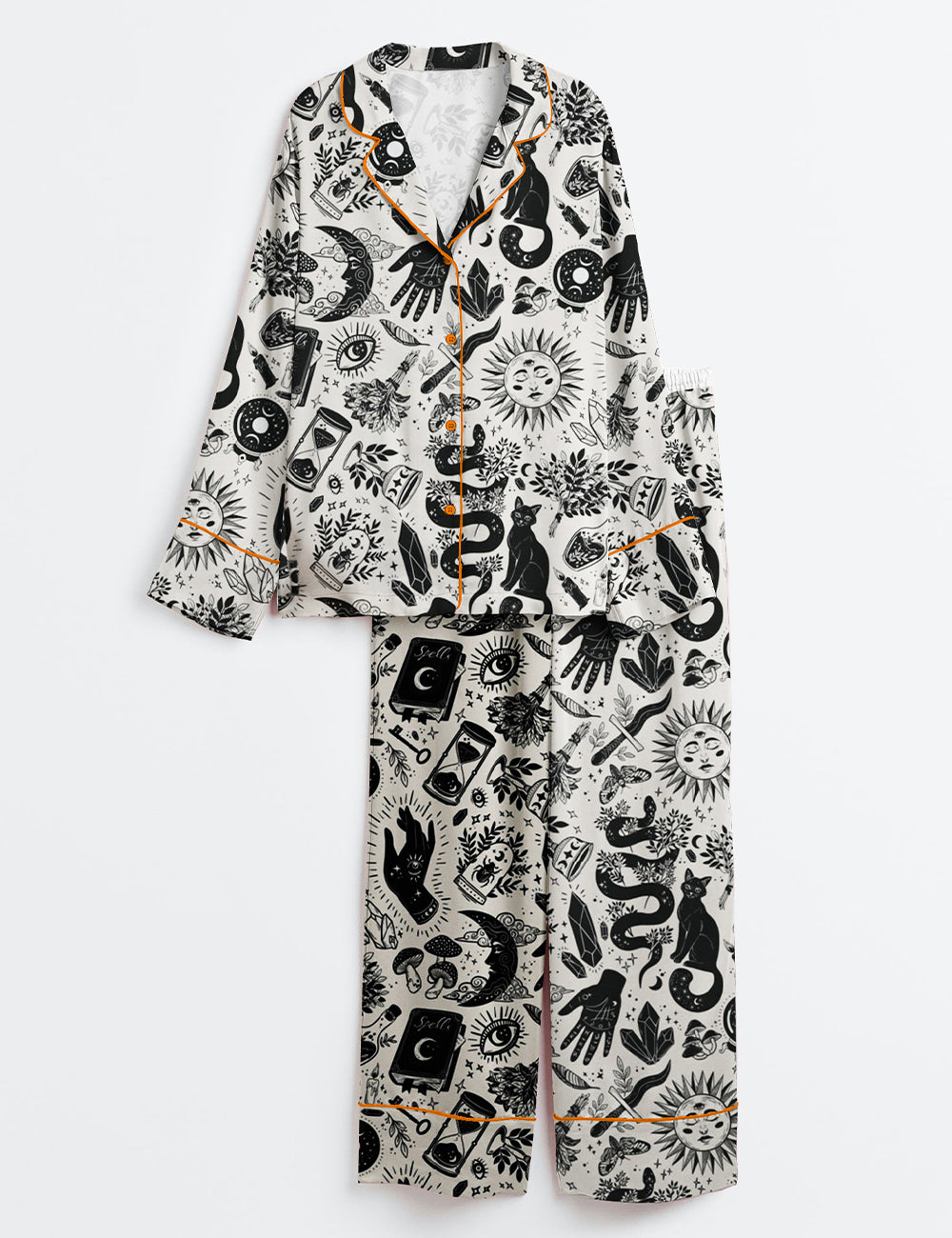 Women’s Witchy Things In Black And White Halloween Cat Long Sleeve Satin Pajama Set