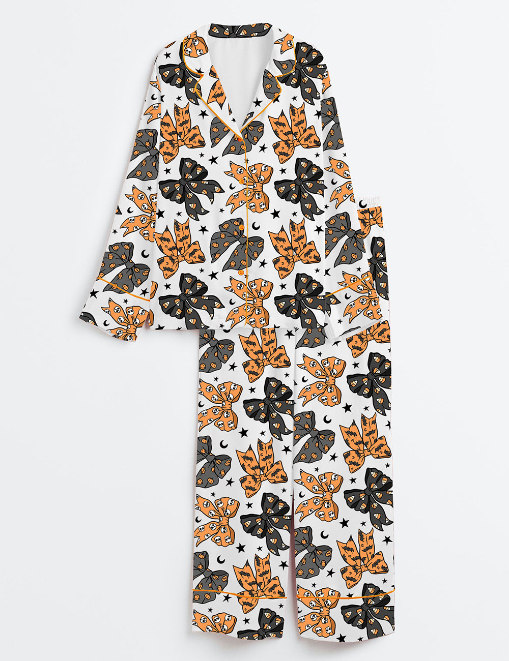 Women’s Halloween Bows Skeletons Pumpkins And Bats Long Sleeve Satin Pajama Set