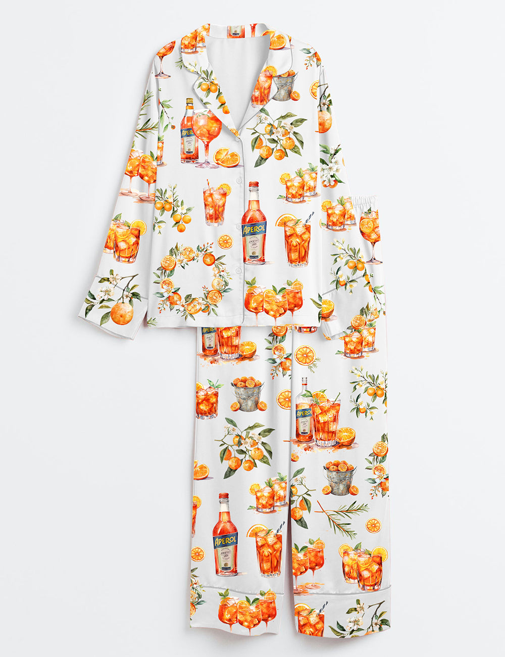 Women’s Watercolour Aperol Spritz Fruit Cocktail Watercolour Orange Wreath Mediterranean Print Long Sleeve Satin Pajama Set