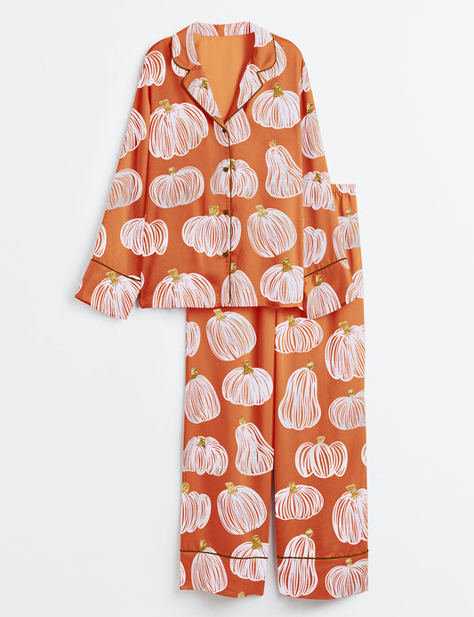 Women’s Autumn Pumpkins Patch Fall Long Sleeve Satin Pajama Set