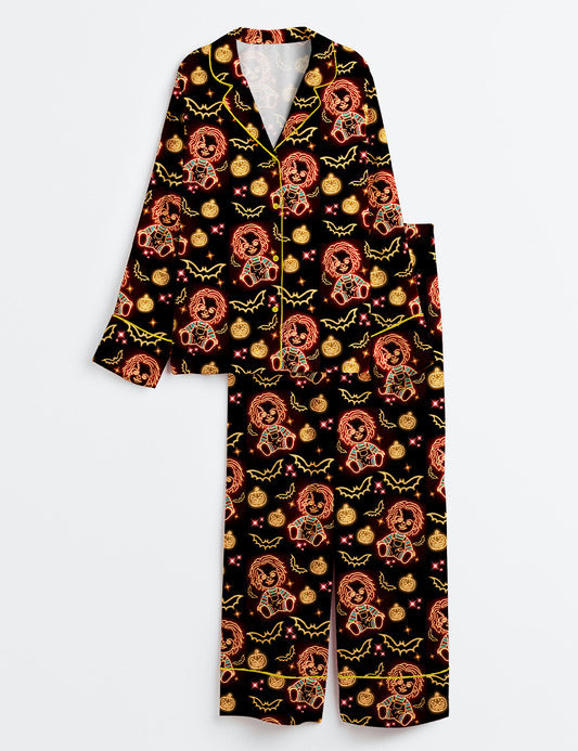 Women’s Chucky Horror Movie Characters Halloween Long Sleeve Satin Pajama Set