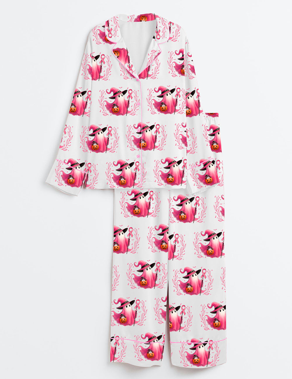 Women’s In October We Wear Pink Breast Cancer Awareness Long Sleeve Satin Pajama Set