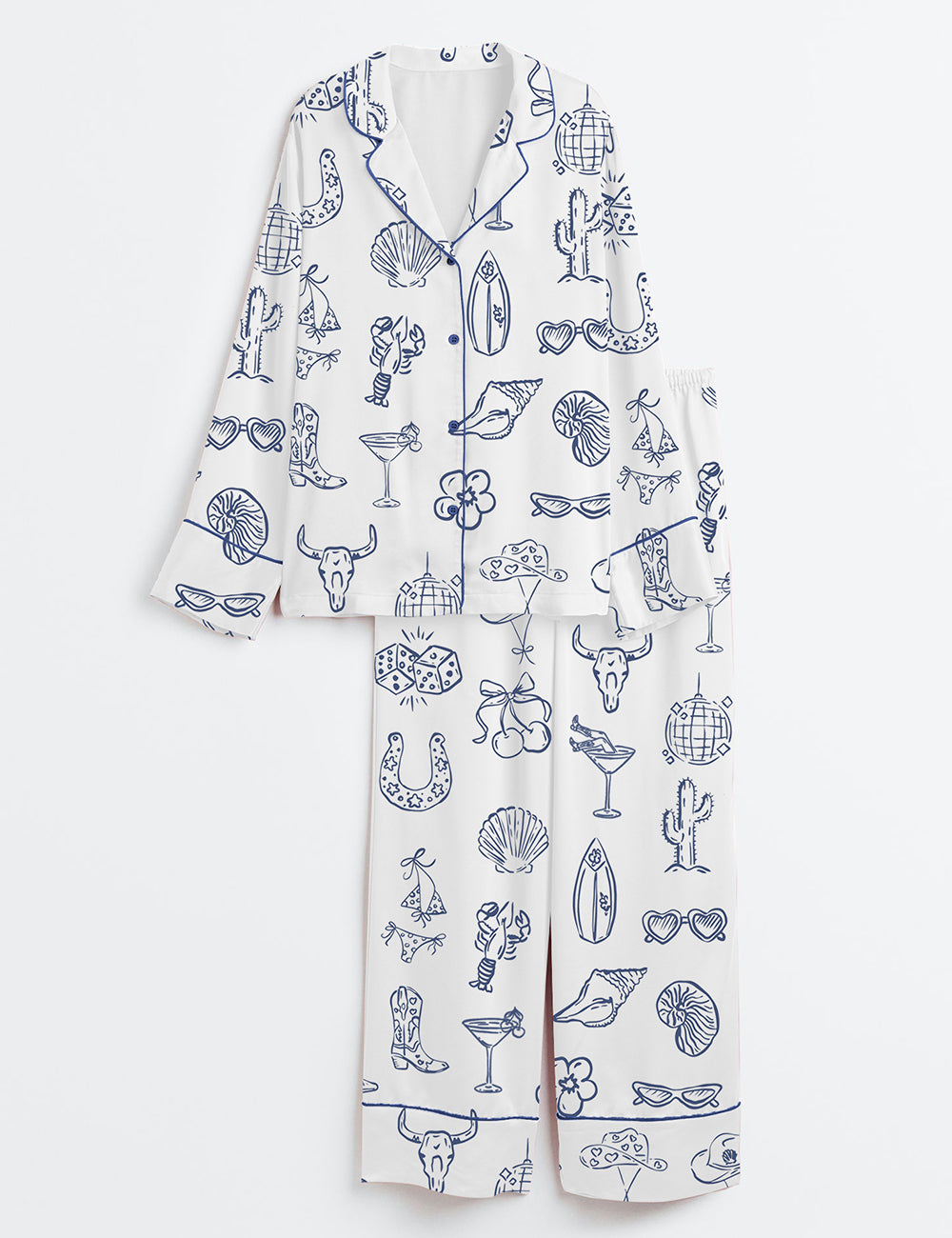 Women's Cowgirl Coastal Bachelorette Hand Drawn Whimsical Long Sleeve Satin Pajama Set