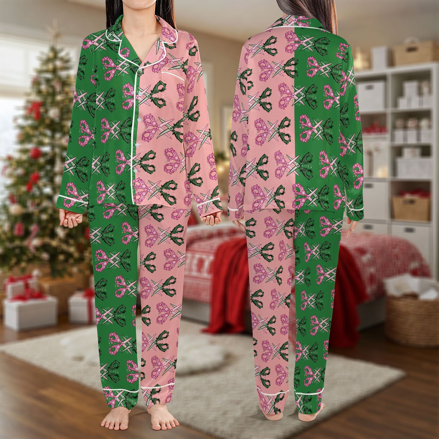 Green and Pink Christmas Pajama Set – Cute Bow Pattern Pajamas | Cozy Pajama Gift Set, Girl Pajamas, Holiday Sleepwear, Cute Pajamas for My Love, Christmas Pajamas for Women HPRPJMADL-11